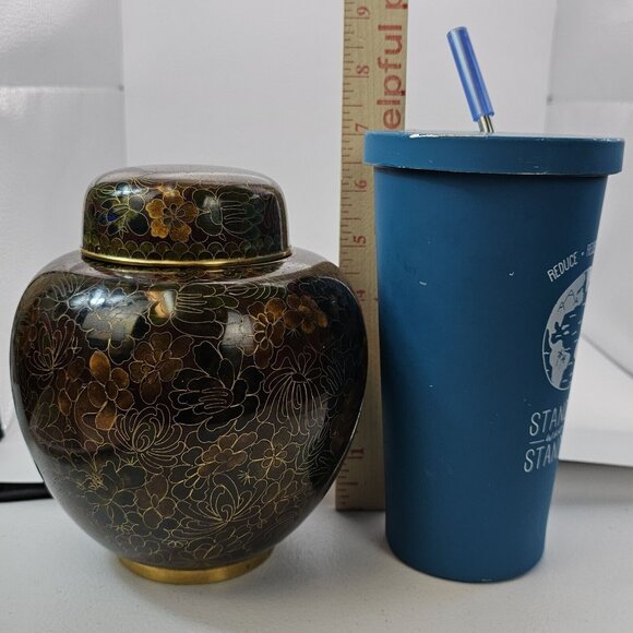 Vtg Chinese Cloisonne Ginger Jar & Lid Thousand Flower Design Brass Browns Gold - Picture 16 of 16